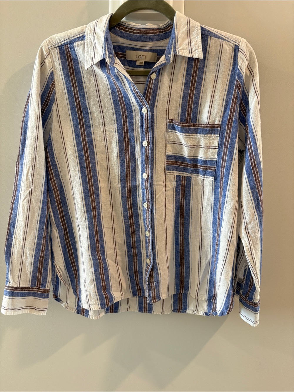 LOFT Casual Blue, White & Brown Striped Button-Down Shirt